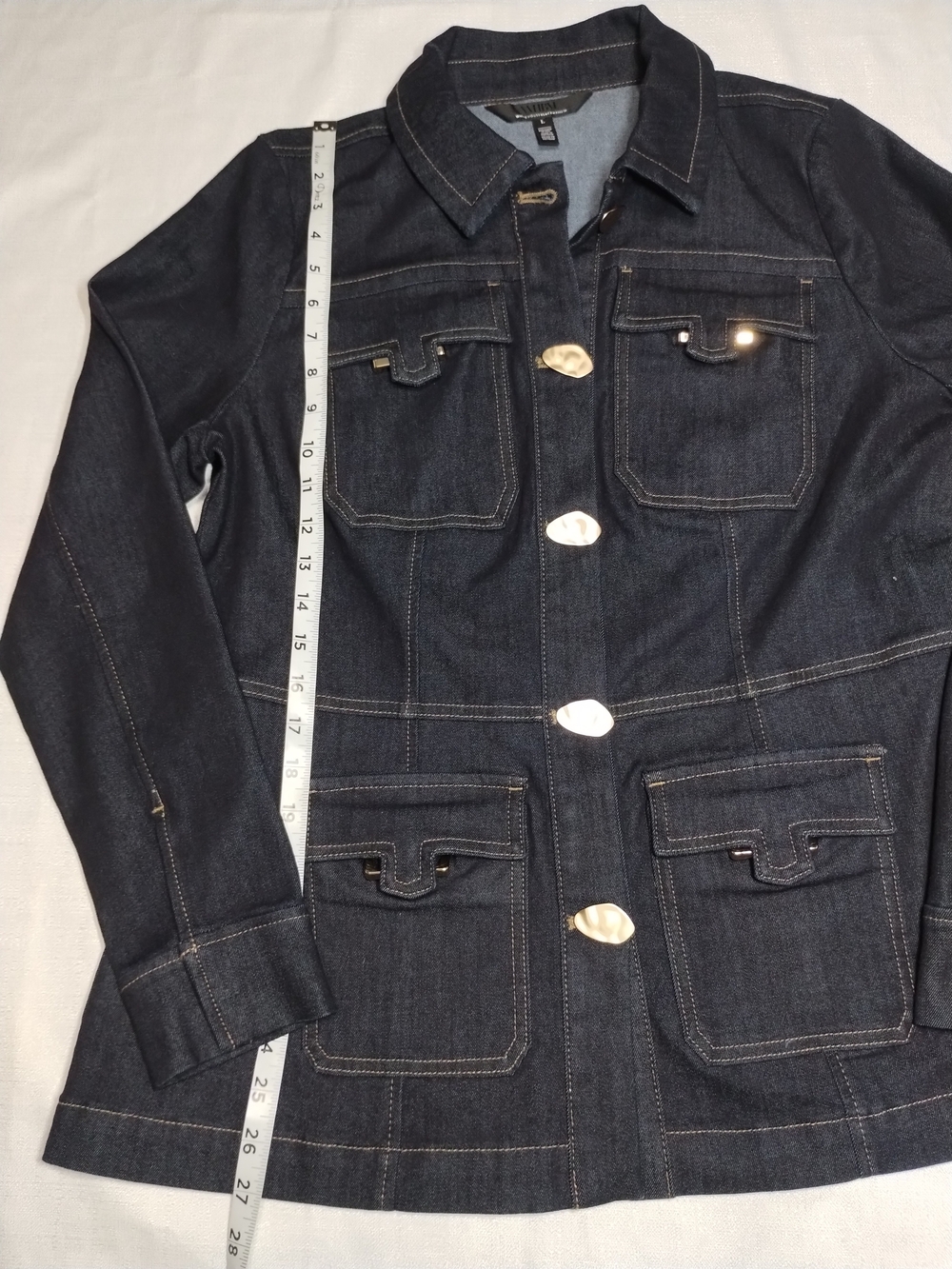 White House Black Market Navy Blue Denim Jacket with Gold Accents - Picture 4 of 12